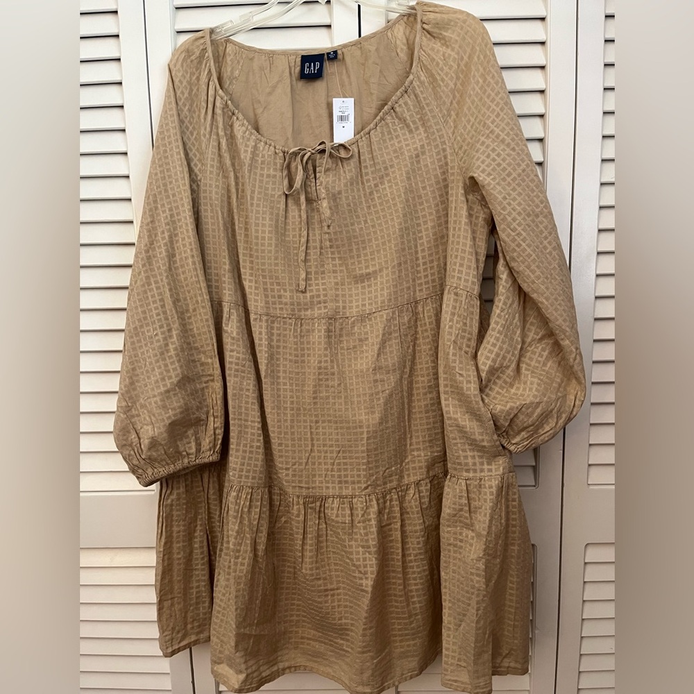 Tan Tiered Tie Front Dress with Bishop Sleeves